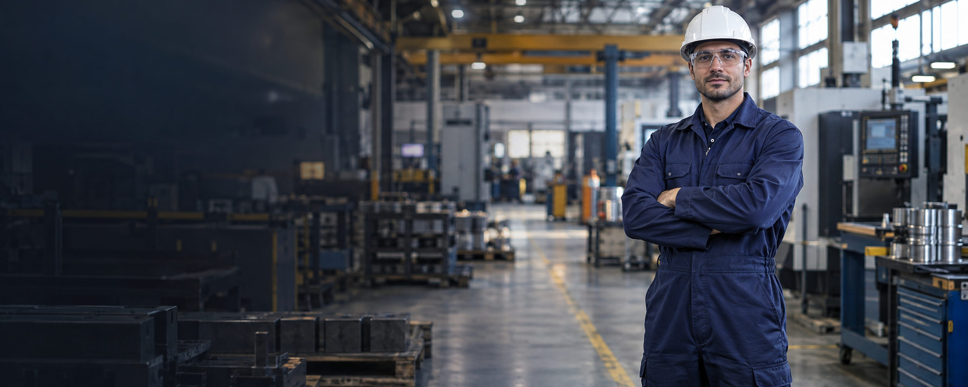 Industrial worker wearing navy coveralls in a modern factory